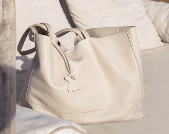 Leather Tote Bag - Italian Genuine White Grey Crossbody Bag - Oversized Shoulder Bag for Women - Perfect Gift