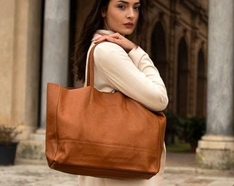 Women Leather Tote, Brown Genuine Leather Handbags, Cross Body Bag, Handmade in Italy, Gift for Her