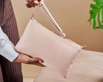 Leather Crossbody Purse - Clutch Wristlet Purse, Italian Genuine Leather Crossbody Purse Detachable Strap Formal Event Bag