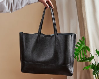 Adoratti Black leather tote - Natural Genuine Leather - Shopper Tote for Women - Soft large tote with zipper pocket - Personalizable