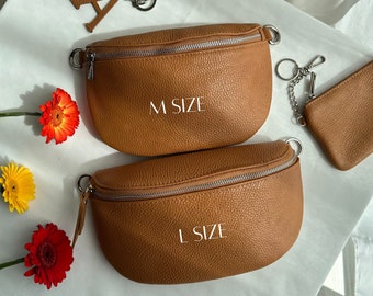 Camel Brown Bum Bag, Leather Fanny Pack for Women, Two size Crossover Purse, Personalized Crossbody Travel Bag, Gift for her