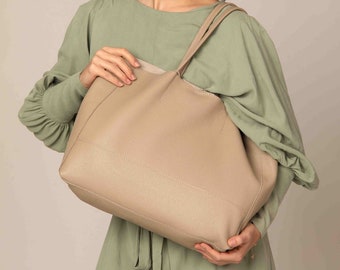 Large Shoulder Bag in Light Stone Color, Simple Every Day Tote Bag, Laptop Bag for Work, Made in Italy Bag for Women - Gift for her