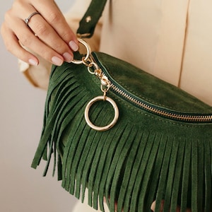 Suede Leather Crossover Handbags / Leather Funny Pack / Green Genuine Leather Purse / Women Leather Bag / Christmas Gift image 5