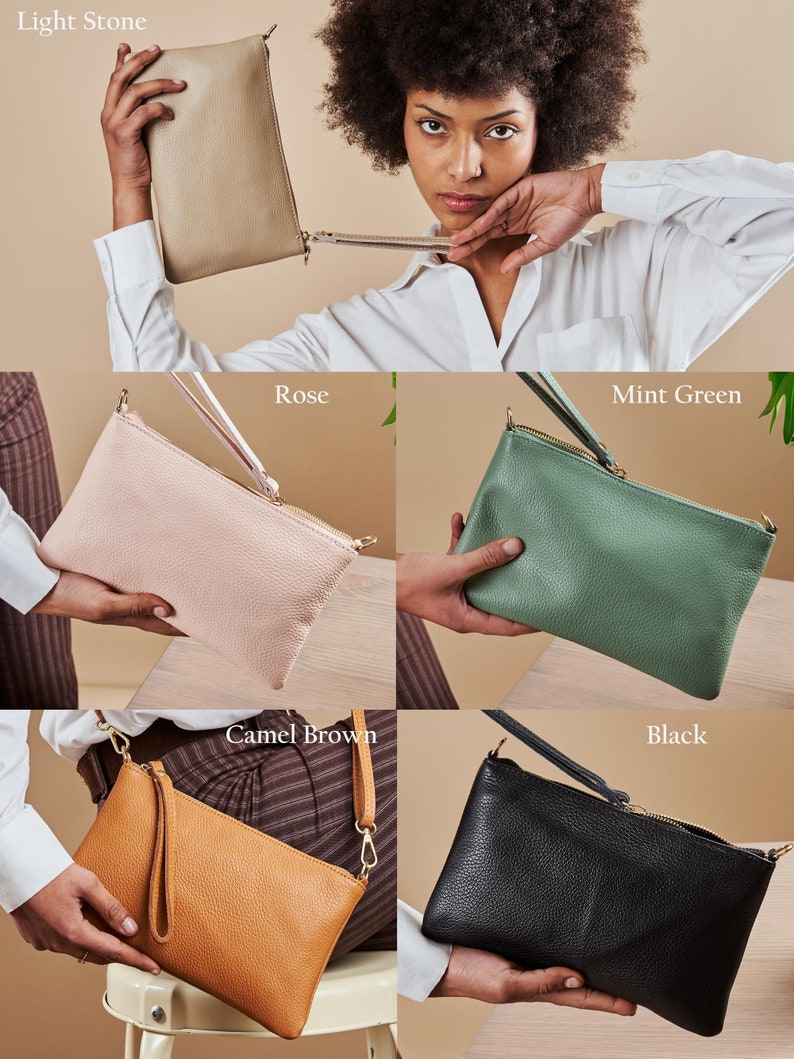 Weiche italienische Leder-Handgelenktasche, schlanke Damen-Clutch, Leder-Reißverschluss-Clutch, kleine Crossbody-Tasche, Brautgeschenk-Kosmetiktasche Bild 10