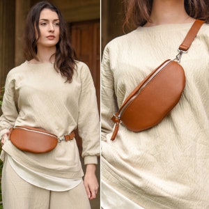 Genuine leather fanny pack, Small leather sling bag, Handmade mini crossbody bag, Trendy bum bag in soft Italian leather Camel Brown