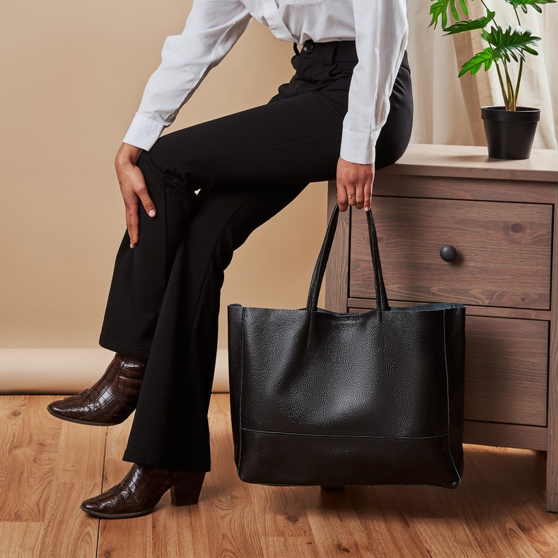 Large Soft Leather Tote Bag, Oversize Brown Handbag for Weekend, Zippered Pocket Leather Shoulder Tote Bag Personalized gifts for Women Black
