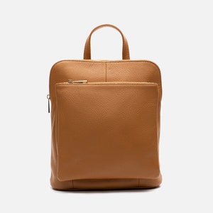 a tan leather backpack on a white background