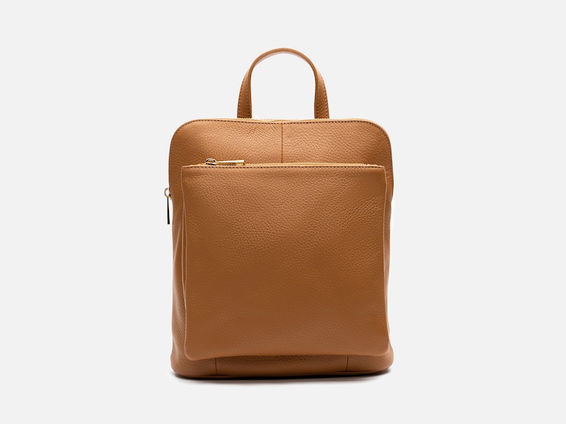 a tan leather backpack on a white background