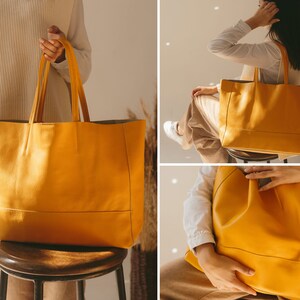 Women Leather Tote, Brown Genuine Leather Handbags, Cross Body Bag, Handmade in Italy, Gift for Her Yellow