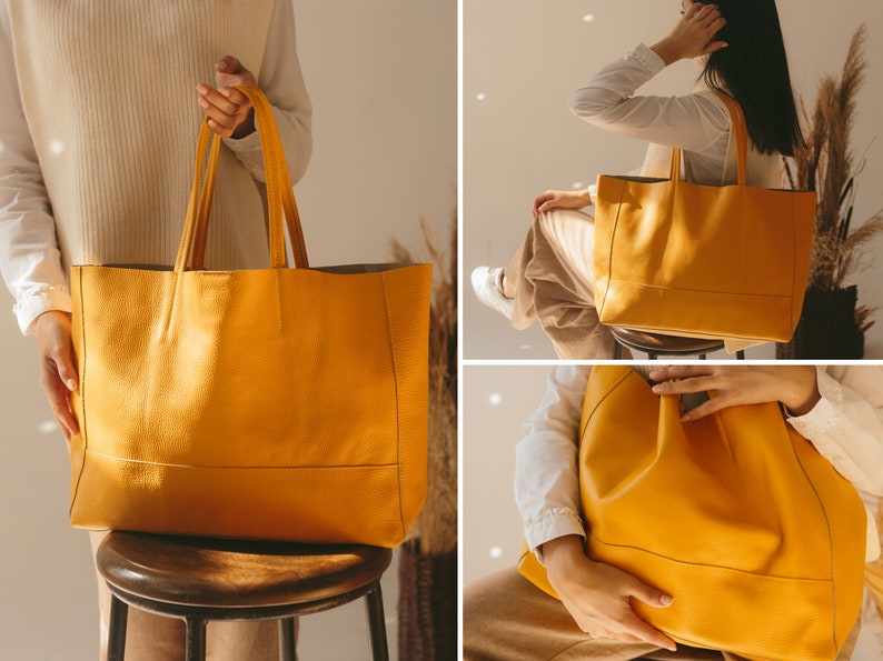 Women Leather Tote, Brown Genuine Leather Handbags, Cross Body Bag, Handmade in Italy, Gift for Her Yellow