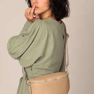 Genuine leather fanny pack, Small leather sling bag, Handmade mini crossbody bag, Trendy bum bag in soft Italian leather Light Stone