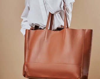 Large Soft Leather Tote Bag, Oversize Brown Handbag for Weekend, Zippered Pocket Leather Shoulder Tote Bag - Personalized gifts for Women