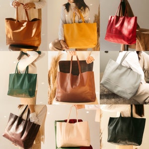 Genuine Leather Tote Bag, Women's Large Tote Bag for Work, Leather Shoulder Bag, Handmade Tote, Italian Leather Handbag, Oversized Tote Bag imagem 4