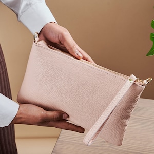 Soft Italian Leather Wristlet, Womens Slim Clutch, Leather Zippered Clutch, Small Crossbody Bag, Bridal Gift Cosmetic Pouch Rose