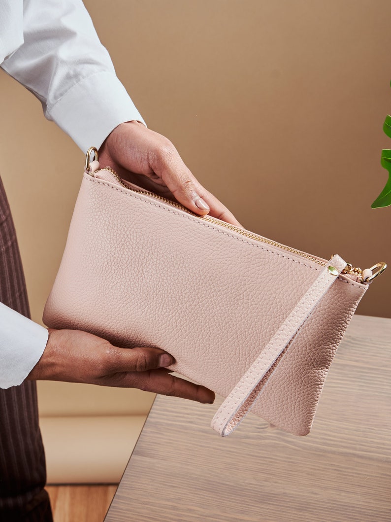 Weiche italienische Leder-Handgelenktasche, schlanke Damen-Clutch, Leder-Reißverschluss-Clutch, kleine Crossbody-Tasche, Brautgeschenk-Kosmetiktasche Rose