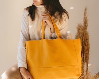 Large Yellow Leather Tote Bag - Oversize Brown Handbag with Zippered Pocket and Personalization