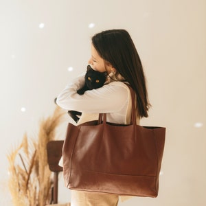 Women Leather Tote, Brown Genuine Leather Handbags, Cross Body Bag, Handmade in Italy, Gift for Her image 2