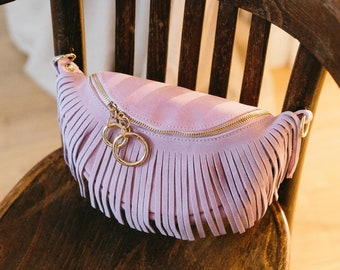 Suede leather belt bag with fringes / Crossbody leather purse for women