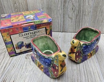 Sango Sweet Shoppe Christmas Snowman Sleigh Candle Holders Set of 2 Sue Zipkin