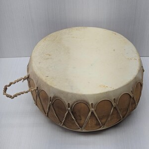 Vintage Native American Animal Hyde  Wood Frame Drum with Twisted Handle 15 Inch
