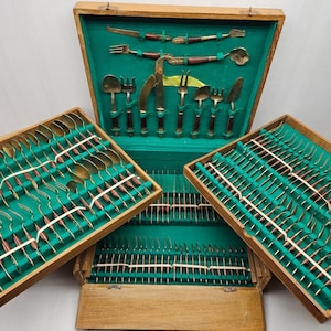 Siam Sitting Buddha Teak Wood Brass Bronze Flatware 144 Pc Set Thailand Gold Box