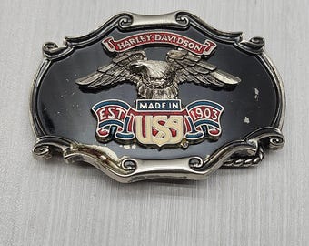 Vintage 1978 Harley Davidson Belt Buckle Raintree Made in USA Eagle Black Enamel