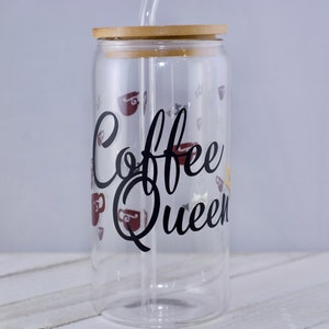 16 oz Beer Glass with glass straw and bamboo lid - Coffee Queen