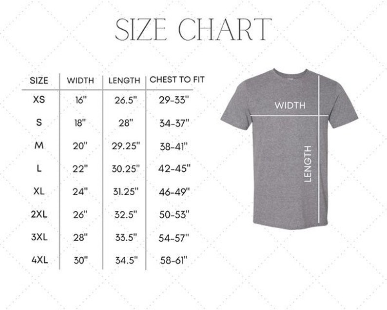 Peut inclure: Tableau des tailles pour un t-shirt avec des mesures en pouces pour la largeur, la longueur et la poitrine &agrave; ajuster. Le tableau montre les tailles XS &agrave; 4XL.
