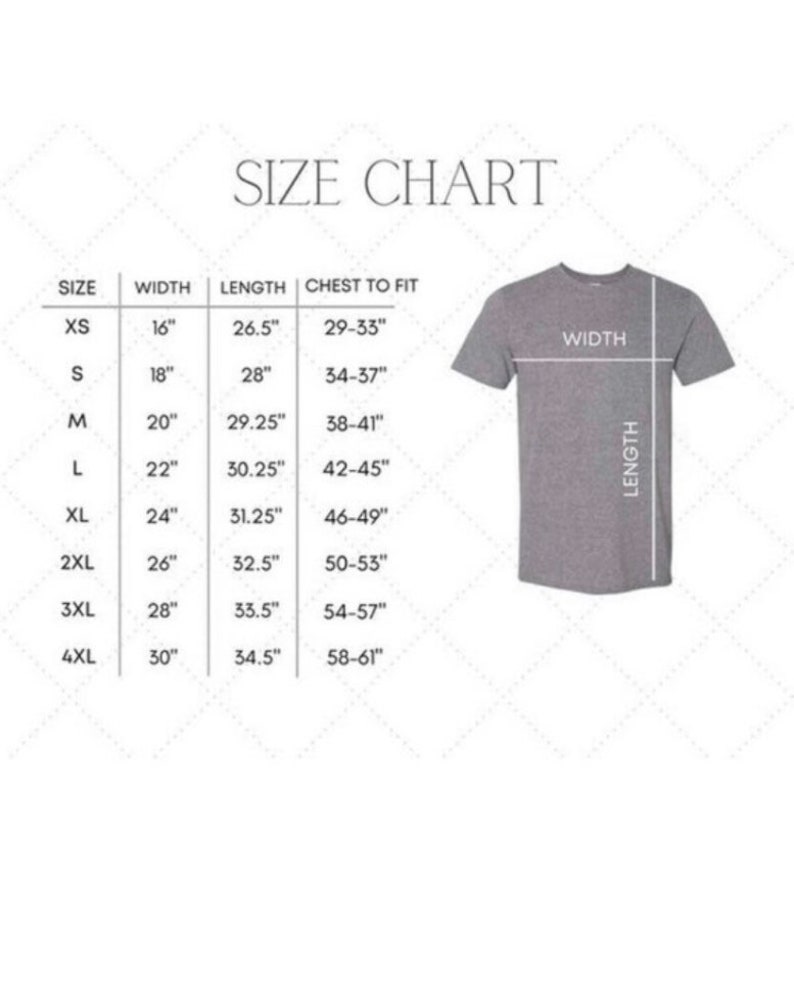May include: Size chart for a t-shirt with measurements in inches for width, length, and chest to fit. Sizes range from XS to 4XL.