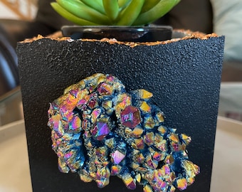 Handmade luxury cement planter cachepot container with quartz cluster points black with rose gold on bubbly legs concrete