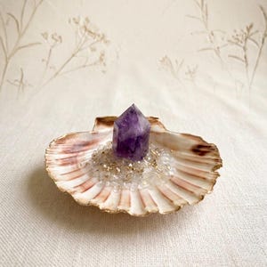 Amethyst Crystal Scallop Shell Ring Dish | Gilded Decoupage Jewelry Bowl, Giftboxed