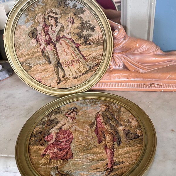 French Rococo Tapestry Wall Art - Set of 2 Gold Framed Pastoral Scenes
