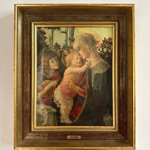 Vintage religious wall art: framed Botticelli Madonna and Child print 1969 in original gilt wood frame