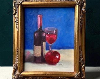 Vintage Still Life Wine & Apple Oil Painting in Ornate Gold Frame