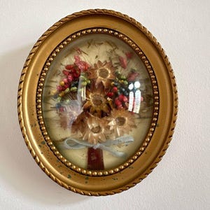 Vintage Press Fresh Flower Bouquet Art in a Clear Dome Ornate Frame from France