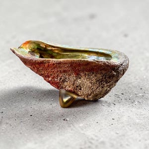May include: An abalone shell bowl with a rough, textured, brown exterior and a smooth, iridescent, multi-colored interior. The shell is supported by a single, small, translucent, amber-colored stone foot attached to the underside.