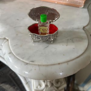 French Vintage PAT JAPAN silver trinket oval shaped box on legs floral, and mini bottle of perfume Chypre Royal Paris Collectible
