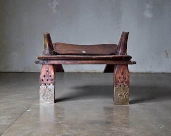 Antique Egyptian Camel Saddle Stool – Handcrafted Wood & Brass, Tribal Decor