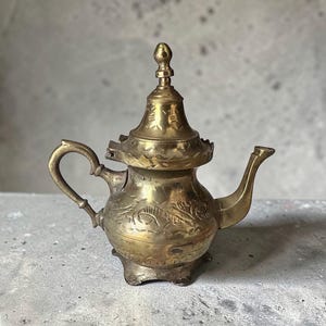 Vintage Moroccan Brass Teapot Hand-Etched Ornate Teatime Decor 6 Inch Pitcher