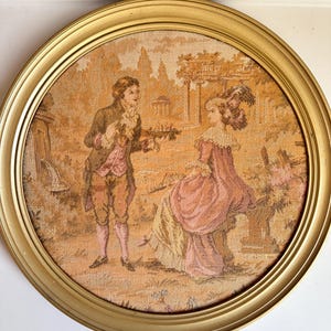 French vintage 1982 traditional tapestry cotton jacquard framed round, noble scene, 18th century style, Aubusson, pastoral, romantic.