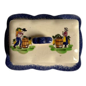 Vintage French Ceramic Butter Dish with Blue Trim Folk Countryside