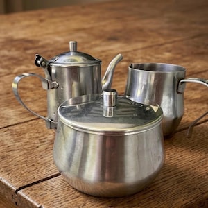 Vintage 3-Piece 18/8 Stainless Steel Teapot Sugar Creamer Set Hong Kong