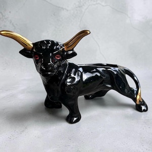 Vintage MCM Large Black Ceramic Bull Planter with Gold Horns & Red Eyes