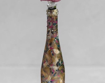 Hand Painted Flamingo Tall 13’’ Glass Bottle Art with Stopper, Signed