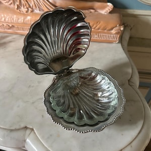 Vintage French Silverplate Oyster Shell Butter Caviar Dish With Cobalt Blue Glass Insert. Mid- Century Kitchen Decor Hostess Gift Antique