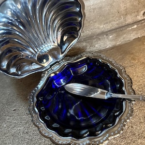 Vintage French Silverplate Oyster Shell Butter Caviar Dish With Cobalt Blue Glass Insert. Mid- Century Kitchen Decor Hostess Gift Antique