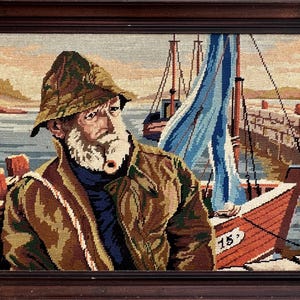 Vintage Margot de Paris Needlepoint Tapestry: French Fisherman Coastal Wall Art