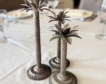 Vintage Silver Palm Tree Candlestick Holders – Tropical Coastal Decor Set