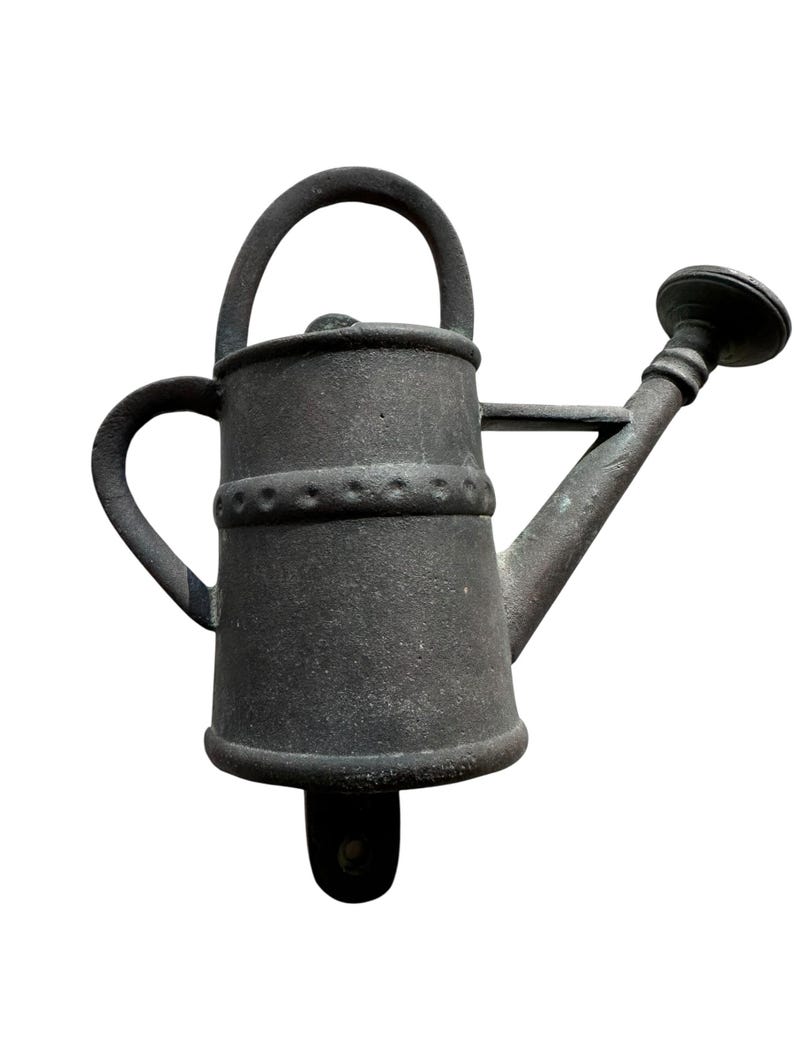 May include: A dark gray metal watering can with a handle, spout, and a decorative band around the middle. The watering can has a classic design, perfect for gardening. The spout has a round head with small holes for water distribution.
