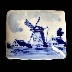 Vintage DELFT handpainted trinket jewelry  box- a windmill scene- classic white and blue ceramic box